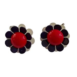Vintage 1960s Flower Clip On Earrings Red Center Blue Petals Retro Vintage Style